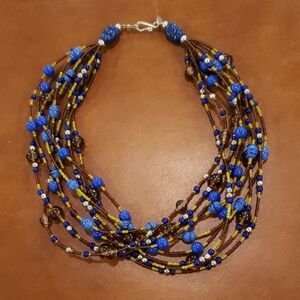 Vintage Short Blue and Brown Multi-Strand Beaded Necklace, Hangs 7.5"